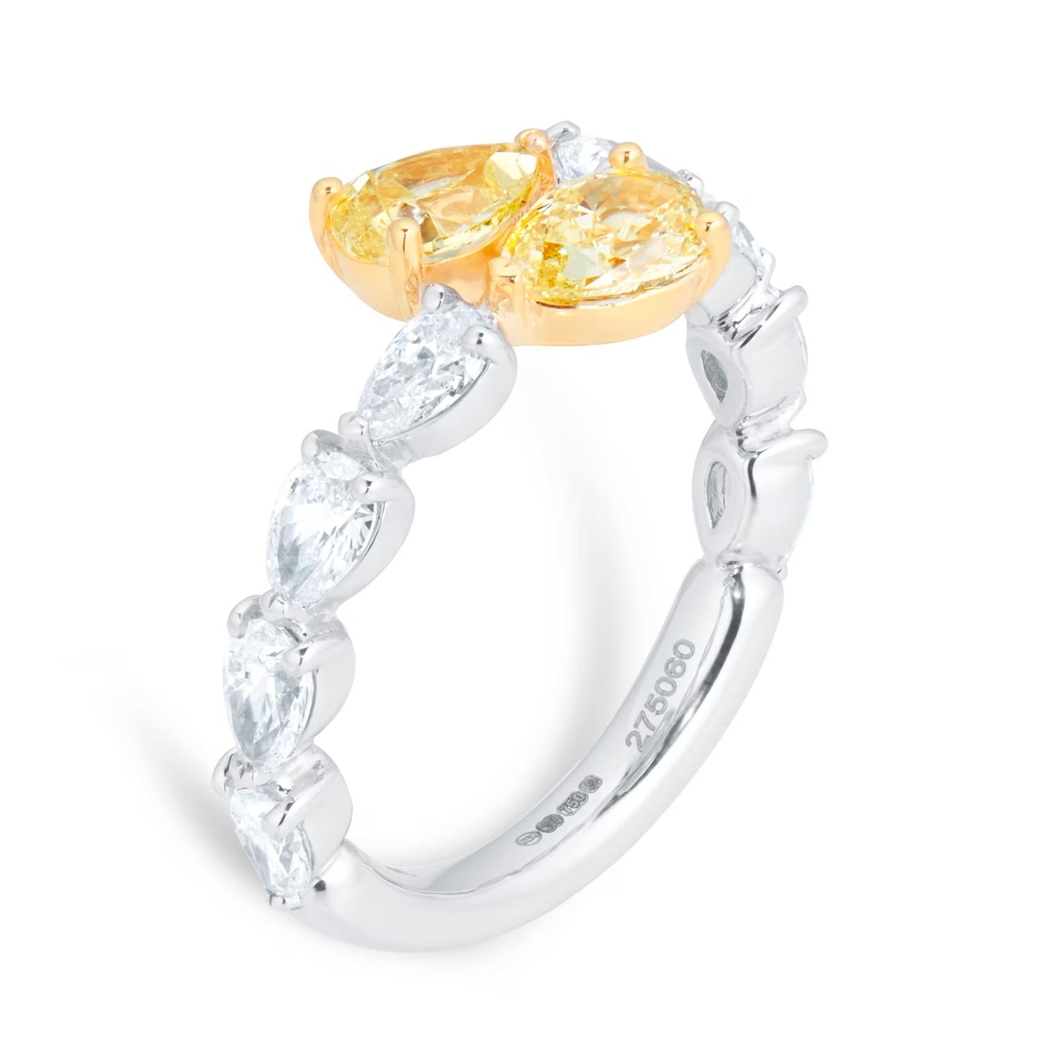 Bague diamant taille poire jaune et blanc 18 carats